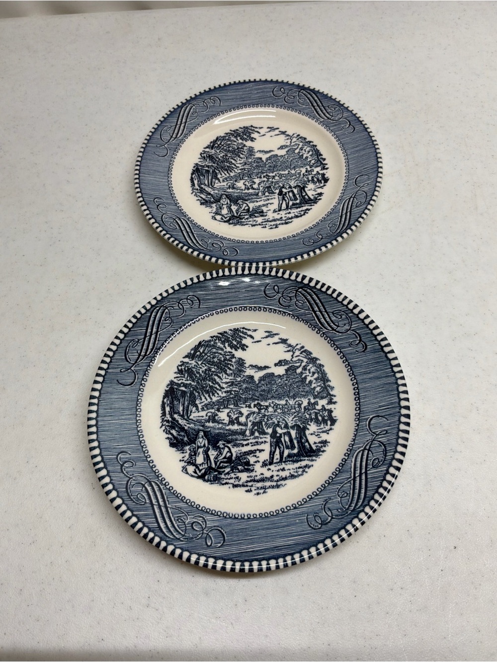 Currier & Ives Blue and White Scenic Ceramic Salad Plates Set of 2